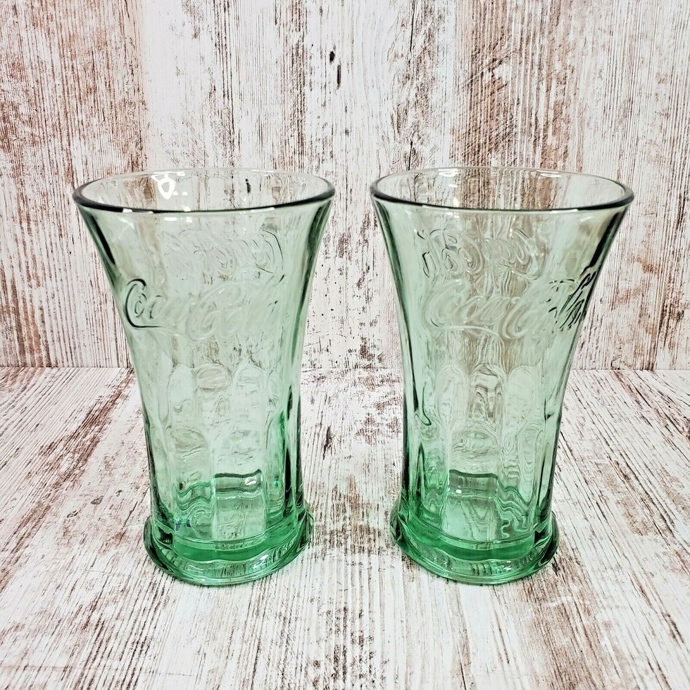 2 Libbey Coca Cola Green Flared Glass Tumbler 16 oz Heavy Coke Glass 6 1/4" tall